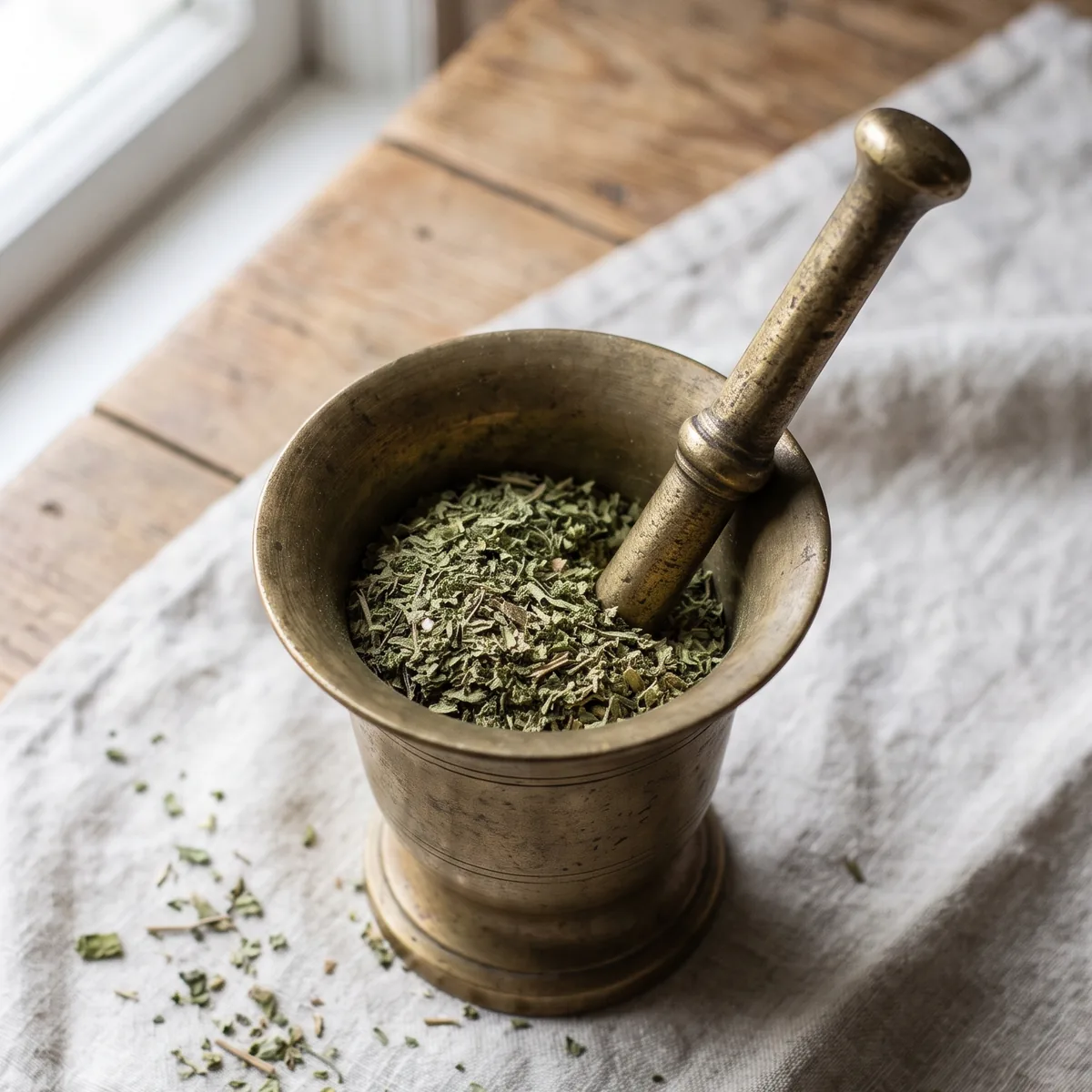 A brass mortar and pestle holding ground botanicals