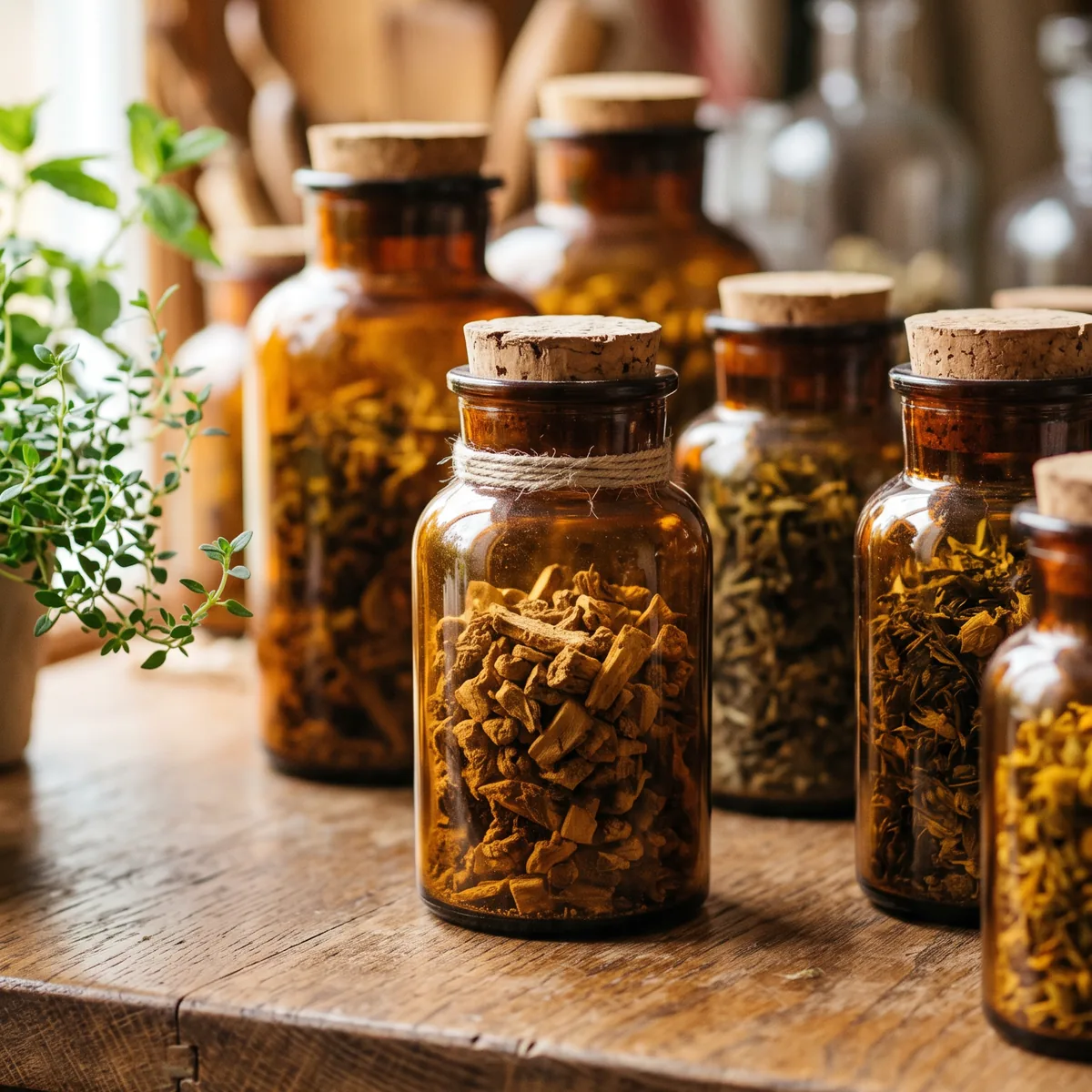 Labelled apothecary jars of dried botanicals on a workbench